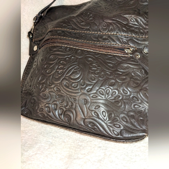 Chocolate Brown Tooled Italian Leather Fold-over Crossbody‎ Purse - Picture 2 of 12